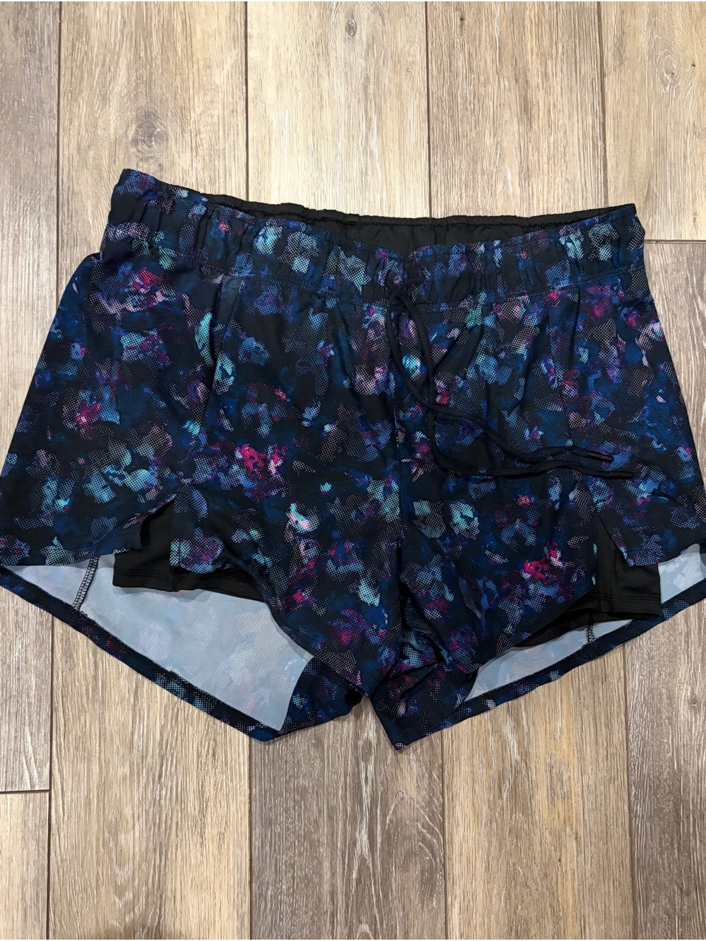 Avia Black Floral-Print Athletic Shorts with Blue and Purple Accents